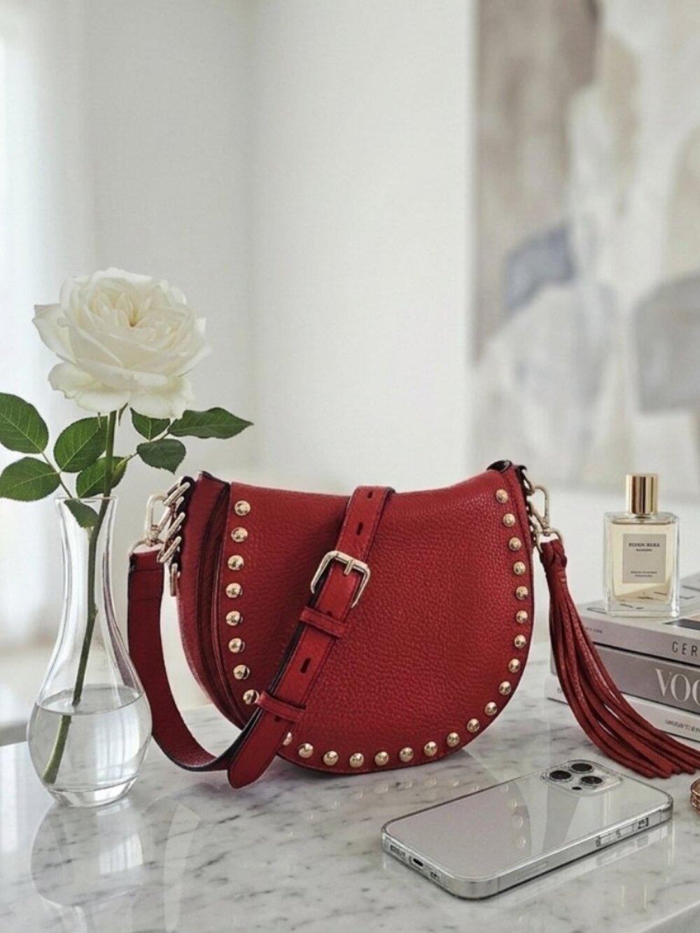 Rebecca Minkoff Red Studded Leather Saddle Crossbody Bag